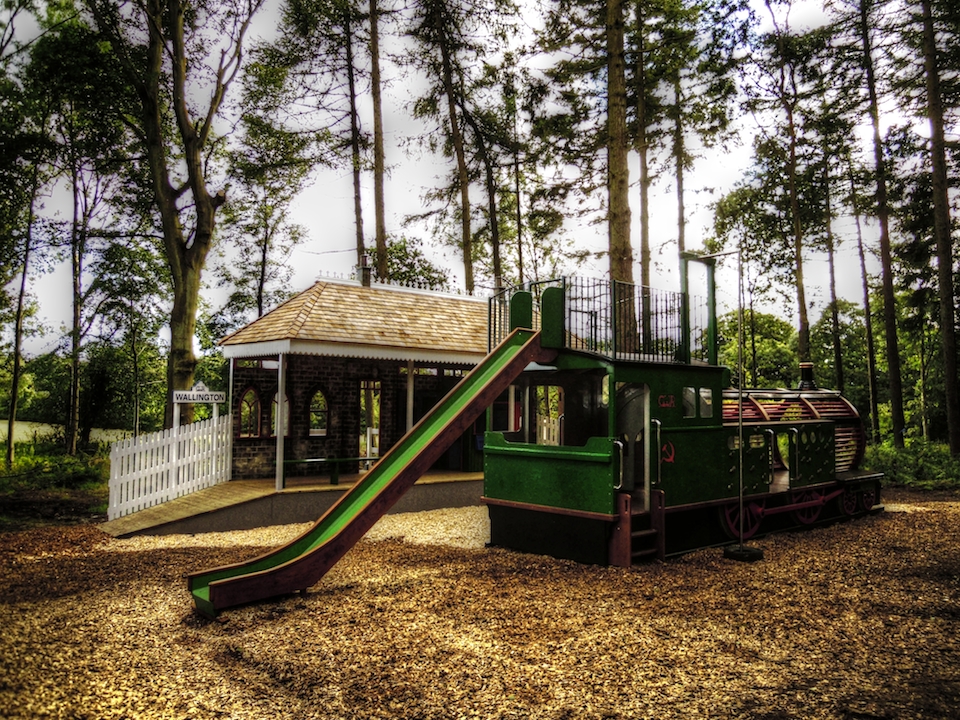 Slide at rear (Wallington Station wooden play train and station with climbing walls and slide)